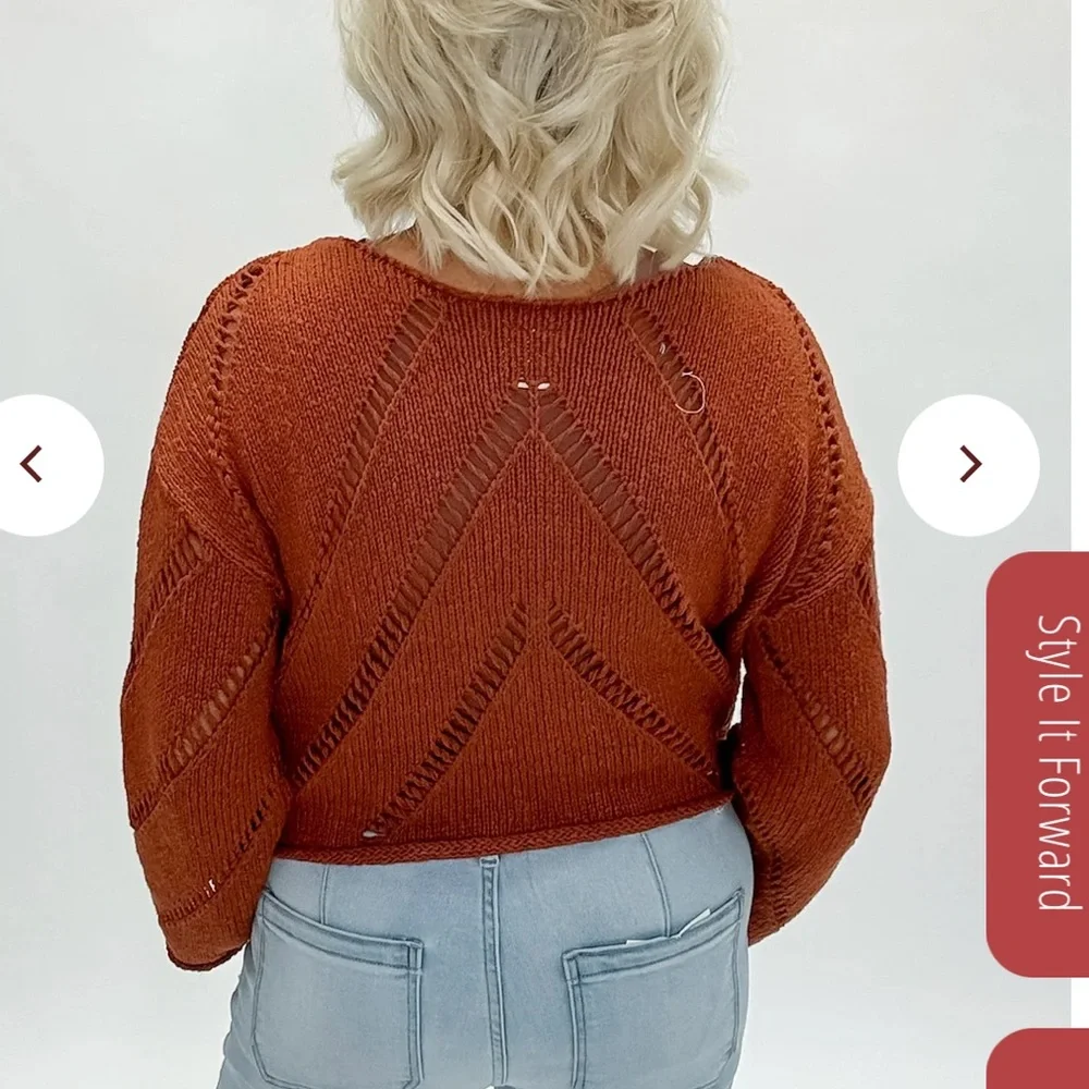 The orange Autumn Glaze Distressed‎ Sweater is Sz Medium